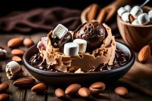chocolate gelo creme com marshmallows e amêndoas em uma de madeira mesa. gerado por IA foto