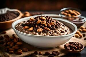 chocolate aveia dentro uma tigela com nozes e chocolate salgadinhos. gerado por IA foto