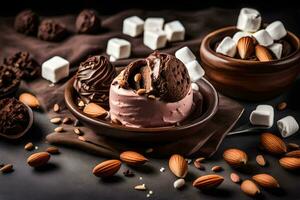 chocolate gelo creme, amêndoas e marshmallows dentro uma tigela. gerado por IA foto