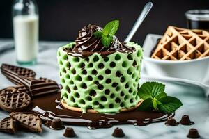 uma chocolate bolo com hortelã e waffles. gerado por IA foto