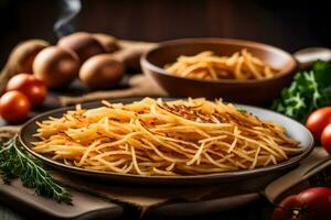 italiano massa com tomates e ervas em uma de madeira mesa. gerado por IA foto