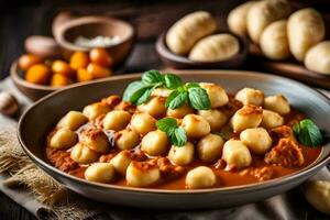 italiano Comida com nhoque dentro tomate molho. gerado por IA foto