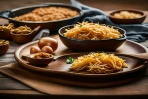 uma de madeira mesa com taças do Comida e uma tigela do Macarrão. gerado por IA foto