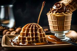 uma waffle com caramelo molho e nozes em topo. gerado por IA foto