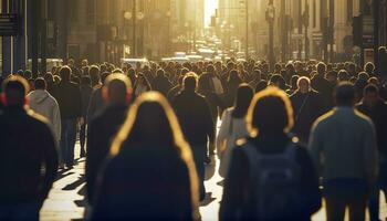 multidão do pessoas caminhando ocupado cidade rua retroiluminado. generativo ai foto