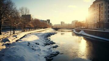 inverno cidade panorama às alvorecer. ai gerado foto