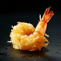 frito camarão tempura isolado em uma Preto fundo, frente Visão ai generativo foto
