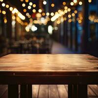 Sombrio esvaziar de madeira mesa e borrado cafeteria fundo frente Visão ai generativo foto