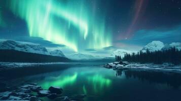 aurora boreal e aurora australis simultaneamente iluminação acima a polar céu papel de parede. ai generativo foto
