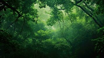 místico fantasia floresta denso com verde árvores ai generativo foto