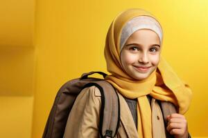 feliz escola aluno, árabe menina dentro hijab em isolado em estúdio fundo com cópia de espaço, costas para escola. ai generativo foto
