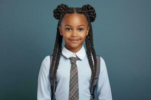 feliz escola aluno, afro-americano menina em isolado em estúdio fundo com cópia de espaço, costas para escola. ai generativo foto