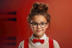 feliz escola aluno, menina dentro óculos em isolado em estúdio fundo com cópia de espaço, costas para escola. ai generativo foto