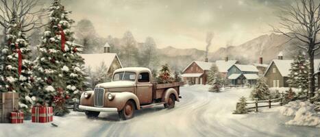 Natal cartão fundo vintage nostálgico uma Nevado panorama com árvores e uma neve coberto campo. ai generativo foto