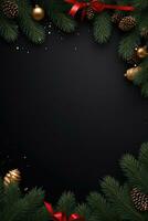 Natal quadro, Armação com natal árvore em Preto tela de pintura fundo. alegre Natal cartão. inverno feriado tema. feliz Novo ano. espaço para texto. ai generativo foto