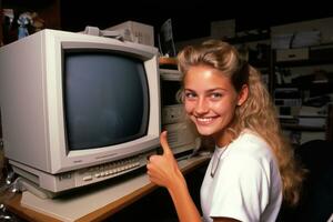 anos 90 recordações. Adolescência menina dando a polegares acima. retro pc. ai generativo foto