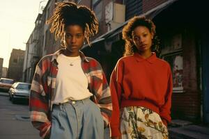 costas para a 'anos 90. sorrisos e estilo dois confiante Afro-Americano senhoras. ai generativo foto