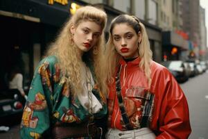 anos 90 recordações. dois à moda jovem mulheres balanço a anos 90 rua moda, exalando retro vibrações com seus na moda roupas e atitude. ai generativo foto