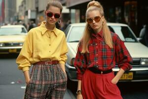 anos 90 recordações. uma instantâneo do anos 90 nostalgia dois à moda meninas possuindo a ruas com seus perfeito moda e retro flair. ai generativo foto