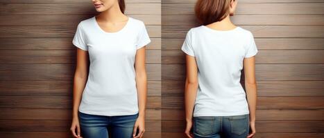 branco esvaziar camiseta mulher modelo modelo brincar para Projeto frente e costas visualizar. ai generativo foto