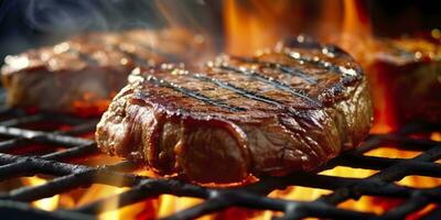 carne lombo bife grelhar em uma flamejante grade. generativo ai foto