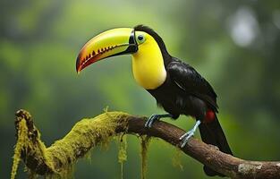 castanha mandíbula tucano sentado em a ramo dentro tropical chuva com uma verde selva. generativo ai foto