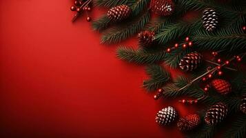 Natal decorações, abeto árvore galhos e cones em vermelho fundo com cópia de espaço. feliz Novo ano e alegre natal bandeira Projeto. plano plano, topo visualizar, cópia de espaço. ai gerado foto