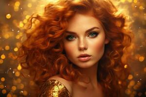 encaracolado ruiva mulher com à moda Maquiagem em dourado brilhar em dourado espumante fundo. foto