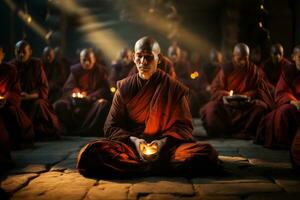 monges meditando dentro uma mosteiro, capturado dentro profundo concentração e serenidade, refletindo a prática do budismo. generativo ai foto