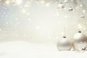 espumante branco Natal bolas e enfeites no meio uma fundo do brilhante flocos de neve com cópia de colar, para feriado cabeçalhos, cartões, festa cartazes. generativo ai foto