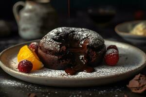 delicioso fresco fundente com quente chocolate e hortelã em Preto mesa. neural rede ai gerado foto