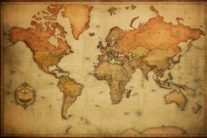velho mapa do a mundo em velho vintage papel com grunge textura, velho Antiguidade mundo mapa em comerciantes projeção, ai gerado foto