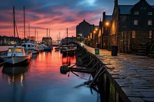 dramático pôr do sol sobre Whitby Porto, norte yorkshire, Reino Unido, velho Leiths docas às crepúsculo. Edimburgo, Escócia, ai gerado foto