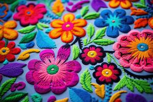 feito à mão colorida flor bordado em tecido fundo. fechar acima, colorida bordado decorativo têxtil a partir de Otavalo cidade às a artesãos mercado, ai gerado foto
