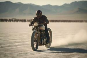 motociclista equitação através uyuni sal plano deserto. neural rede ai gerado foto