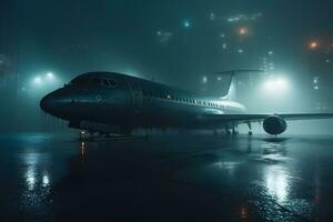 avião às a aeroporto às noite dentro a chuva. neural rede ai gerado foto