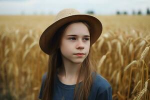 retrato do uma menina contra a fundo do espiguetas do trigo. neural rede ai gerado foto