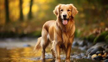 dourado retriever cachorro sentado dentro a Relva às pôr do sol ai gerado foto