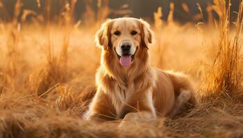 dourado retriever cachorro sentado dentro a Relva às pôr do sol ai gerado foto