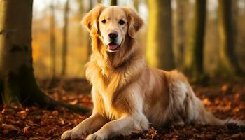 dourado retriever cachorro sentado dentro a Relva às pôr do sol ai gerado foto