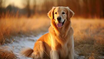 dourado retriever cachorro sentado dentro a Relva às pôr do sol ai gerado foto