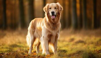 dourado retriever cachorro deitado dentro Relva às pôr do sol ai gerado foto