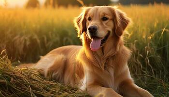 dourado retriever cachorro deitado dentro Relva às pôr do sol ai gerado foto