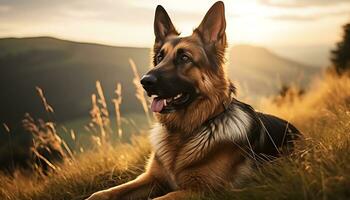 dourado retriever cachorro deitado dentro Relva às pôr do sol ai gerado foto