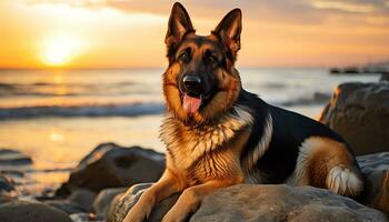 dourado retriever cachorro deitado dentro Relva às pôr do sol ai gerado foto