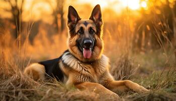 dourado retriever cachorro deitado dentro Relva às pôr do sol ai gerado foto