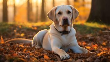 uma amarelo laboratório cachorro deitado dentro a Relva ai gerado foto