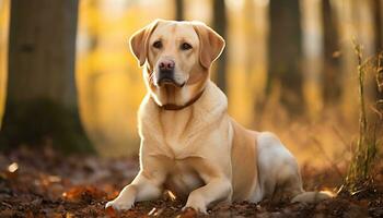 uma amarelo laboratório cachorro deitado dentro a Relva ai gerado foto