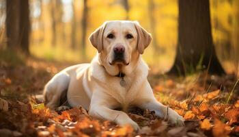 uma amarelo laboratório cachorro deitado dentro a Relva ai gerado foto