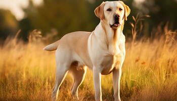 uma amarelo laboratório cachorro deitado dentro a Relva ai gerado foto